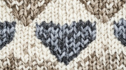 Knitted fabric with heart pattern in neutral tones.