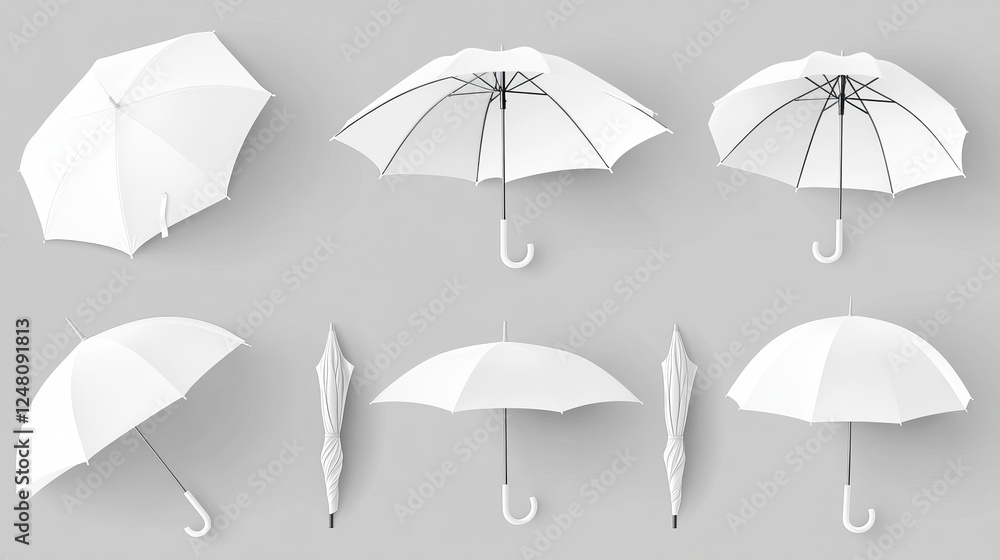 Poster white rain umbrella mockup in different angles of view for branding promotion. realistic 3d vector i