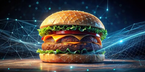 Close-up shot of a burger's internal structure in holographic wireframe format highlighting the intricate details of meat, cheese, and toppings, architecture, food