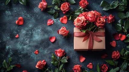 Gift box with roses and heart decorations.