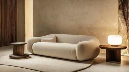 Minimalist interior with a neutral-toned sofa, soft lighting, and a side table