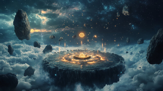 Battle arena, magic altar with runes in float night sky with clouds. Cartoon game background with floating round platform covered with glowing ancient signs and flying rocks, Vector illustration