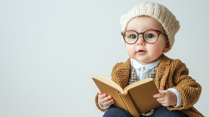 Baby in a librarian outfit holding a tiny book, reading theme with room for text