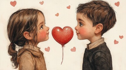 Children sharing a moment with a heart balloon.