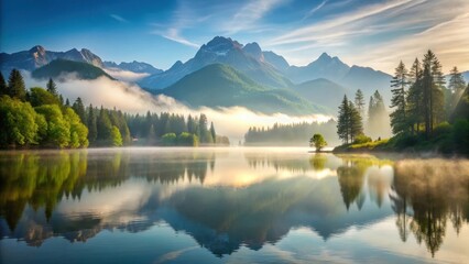 Obraz premium Serene Alpine landscape with misty mountains and peaceful lake, mountain lake
