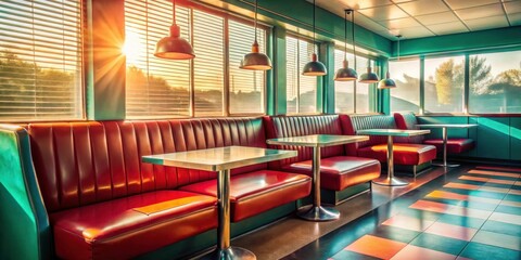 Fototapeta premium Vintage Diner Interior with Red and Teal Booths Sunlit by Morning Rays