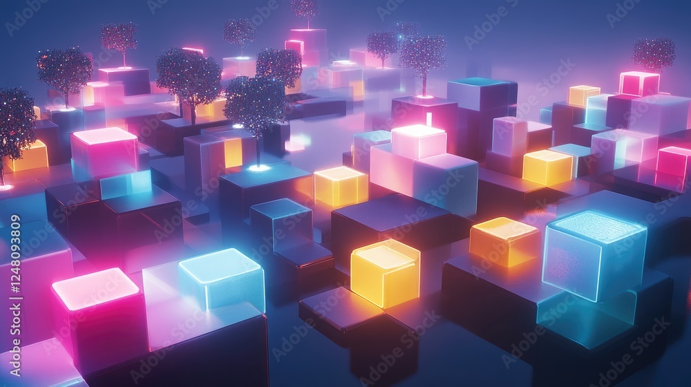 Poster a 3d cityscape made of glowing cubes, each representing a different startup, interconnected by lumin