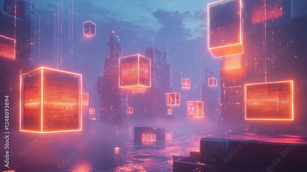 Poster a 3d cityscape made of glowing cubes, each representing a different startup, interconnected by lumin