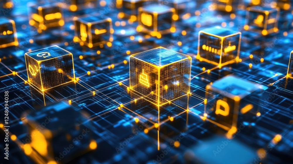 Poster a 3d cityscape made of glowing cubes, each representing a different startup, interconnected by lumin