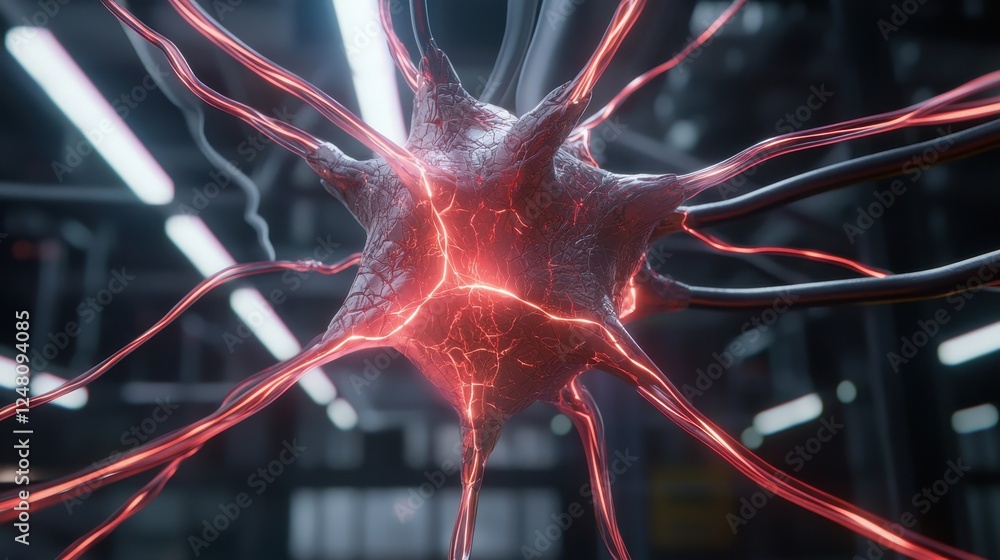 Aufkleber 3D rendering of a glowing neuron with red and black fibers in a high-tech environment.