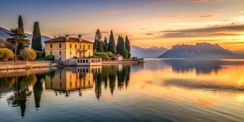 Fototapeta premium A serene lake view at sunset with the Il Vittoriale house in the background reflected on the calm water of lake garda, sunset