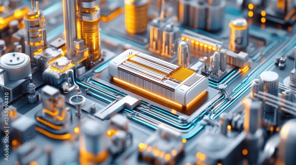 Aufkleber A 5G router positioned strategically amidst machines and sensors, representing the infrastructure that allows seamless, real-time communication across IoT devices in industrial applications.