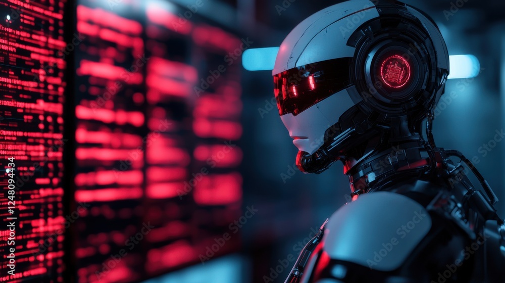 Aufkleber futuristic humanoid robot standing in front of glowing digital interface and modern technology with 