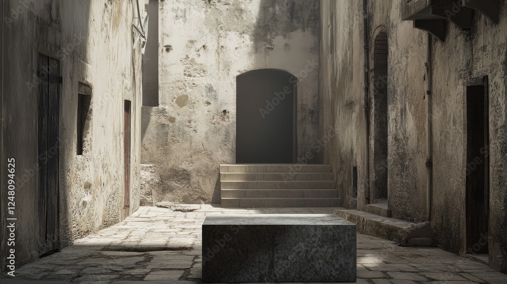 Poster a backdrop of crumbling buildings and alleyways with a minimalist podium, ready for an empty showcas