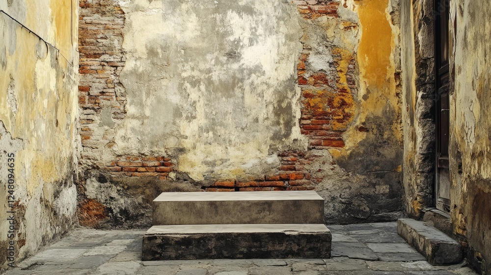 Poster a backdrop of crumbling buildings and alleyways with a minimalist podium, ready for an empty showcas