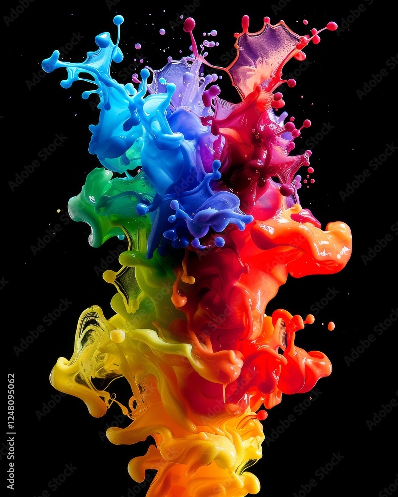 Poster dynamic fusion of vibrant liquid droplets in mid-air capturing colorful splash patterns of movement 