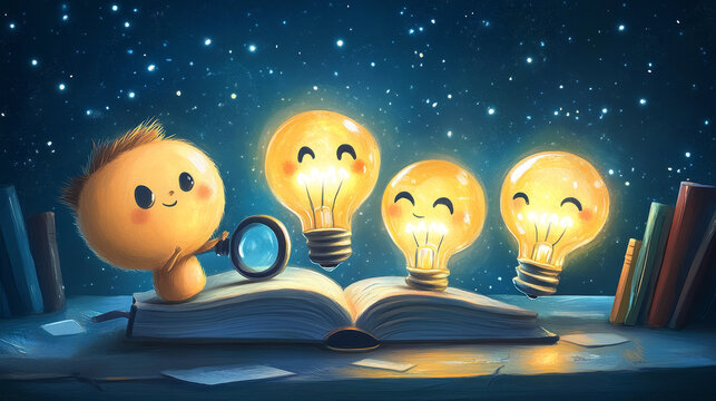 Idea posters with cute light bulb characters. Concept of one idea begets another, creative solution, inspiration. Vector banners with cartoon illustration of funny glowing lamp with book and magnifier