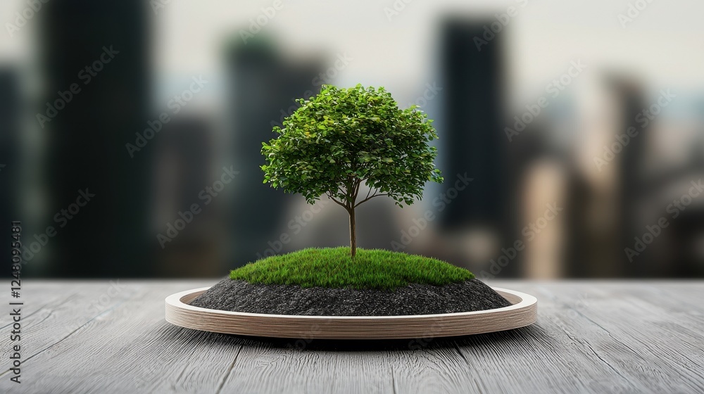 Aufkleber a small tree grows on a circular base with a blurred cityscape in the background.