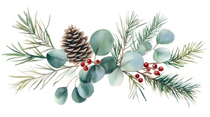 Watercolor painting of a pine cone eucalyptus and red berries