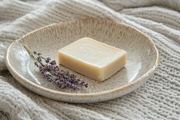 Neutral-toned soap bar resting on a smooth ceramic dish, surrounded by dried lavender