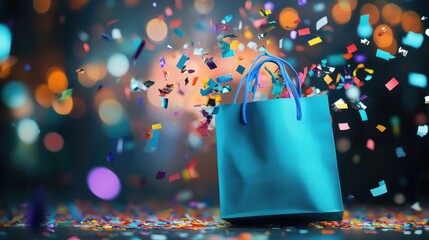 A blue shopping bag releasing colorful confetti and light streaks, set against a dark bokeh backdrop, representing the thrill of online shopping, sales, and consumer trends.