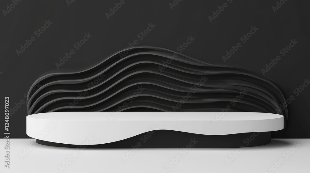 Aufkleber A bold white oval podium with wavy obsidian patterns, creating a striking empty showcase for packaging product presentation.