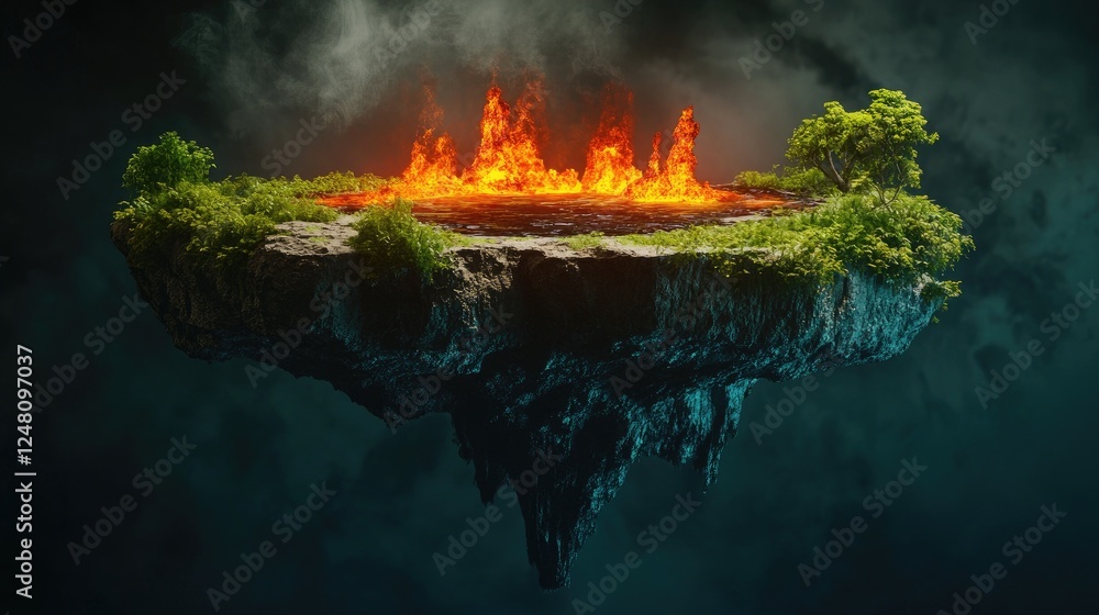 Poster a breathtaking floating island split between lush greenery and fiery lava, symbolizing the balance o