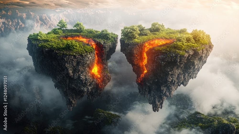 Poster a breathtaking floating island split between lush greenery and fiery lava, symbolizing the balance o
