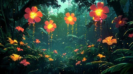 Enchanted Forest Path with Glowing Orange Flowers Pixel Art
