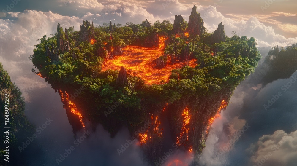 Poster a breathtaking floating island split between lush greenery and fiery lava, symbolizing the balance o