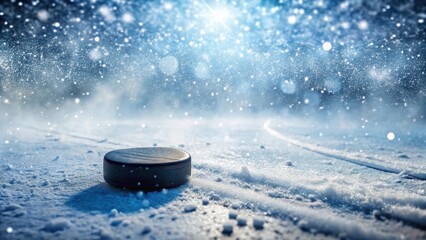 Close-up of hockey puck on ice surface with scattered snowflakes , ice skate