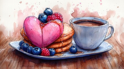 Pancakes with heart shape and coffee.