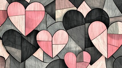 Colorful hearts in a geometric pattern design.