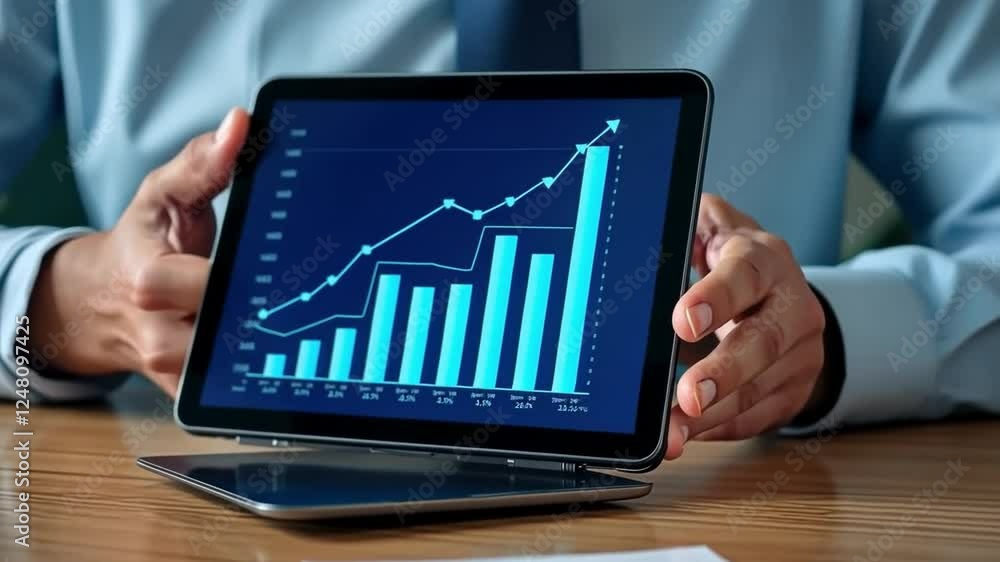 Poster business data visualization: a person presents a digital tablet displaying a bar graph and line grap