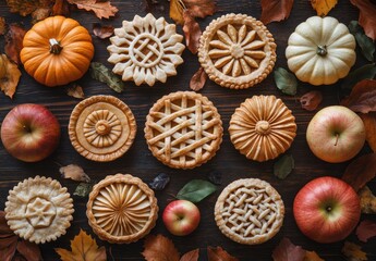 Decorative Autumn Pie Assortment with Pumpkins and Apples on Wooden Table Surrounded by Colorful Fall Leaves and Natural Elements