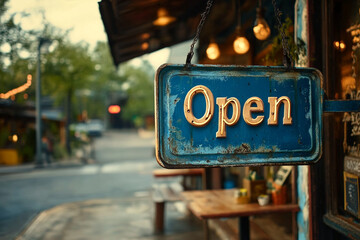Vintage open sign hanging outside cozy cafe in a charming street at dusk