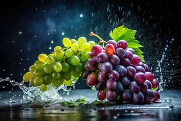 Plump wine grapes burst with freshness in a dramatic water splash against a dark backdrop.