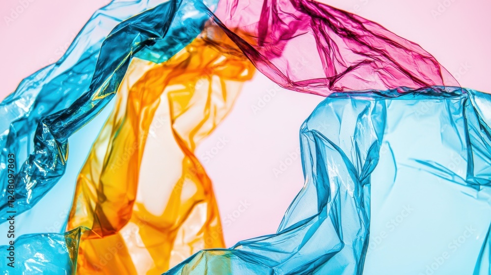 Poster colorful crumpled plastic wrap with abstract flowing shapes on soft pink background for design proje
