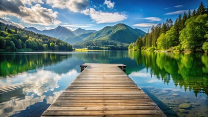 Fototapeta premium Serene wooden jetty on a peaceful lake with surrounding mountains and lush greenery , nature, serene, nature