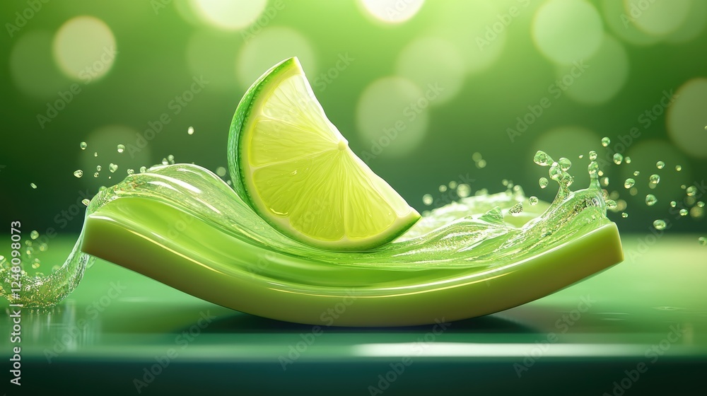 Poster a bright lime slice surfing on a sparkling water wave, surrounded by droplets, symbolizing vibrancy 