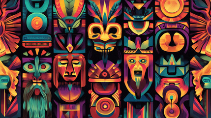 Aztec and mayan ornaments, ancient mexican tribal patterns. Ethnic native art. Vector set of traditional mexican indian geometric illustrations with animals and totems