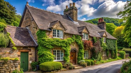 Fototapeta premium Traditional English cottage with ivy-covered walls and a slate roof in a picturesque village setting, rural idyll, english villages