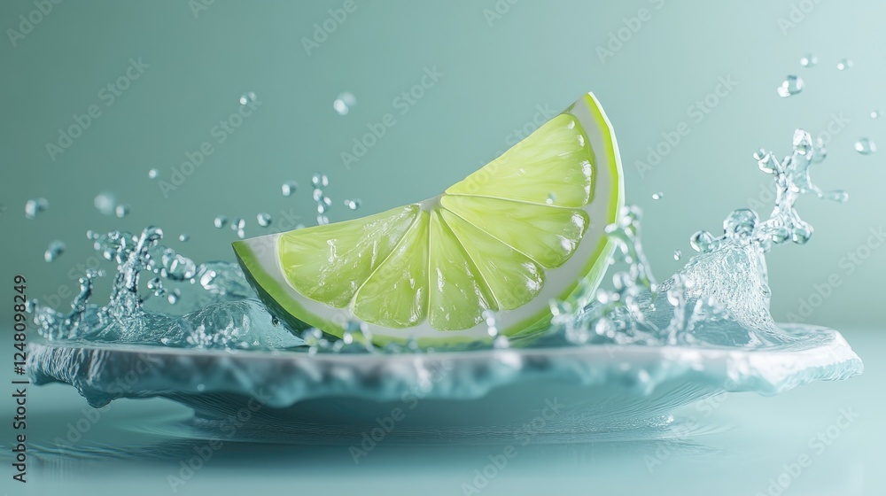 Poster a bright lime slice surfing on a sparkling water wave, surrounded by droplets, symbolizing vibrancy 