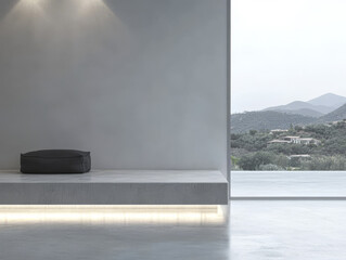 Minimalist interior design with a cozy seating area and scenic mountain view