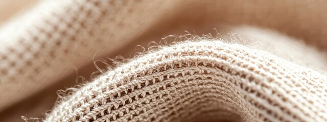 Close-up of Textured Fabric Showing Fine Weave Patterns and Natural Fibers in Soft Beige Tones