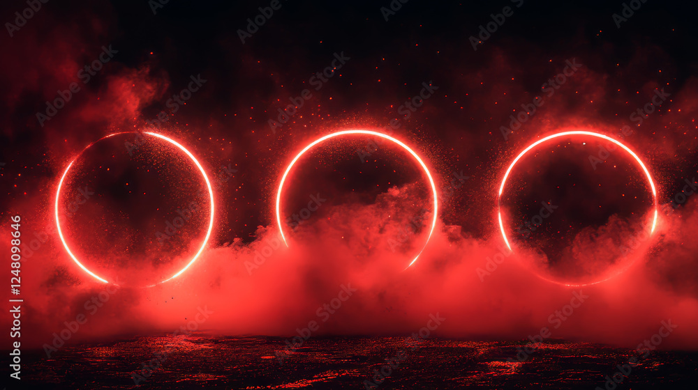 Poster glow red circles with sparkles and smoke, magic light effect. vector realistic set of shiny rings an