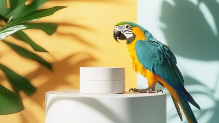 Little parrot standing beside a matte cream jar, light background for branding