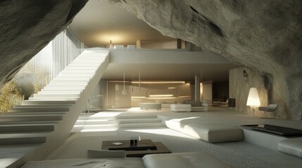 Obraz premium Modern interior design blends with a cave like architectural structure