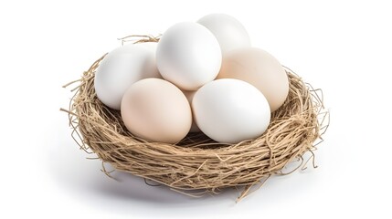 A close up view of farm fresh duck eggs gently nestled in a small woven nest displayed on a bright white background  This natural