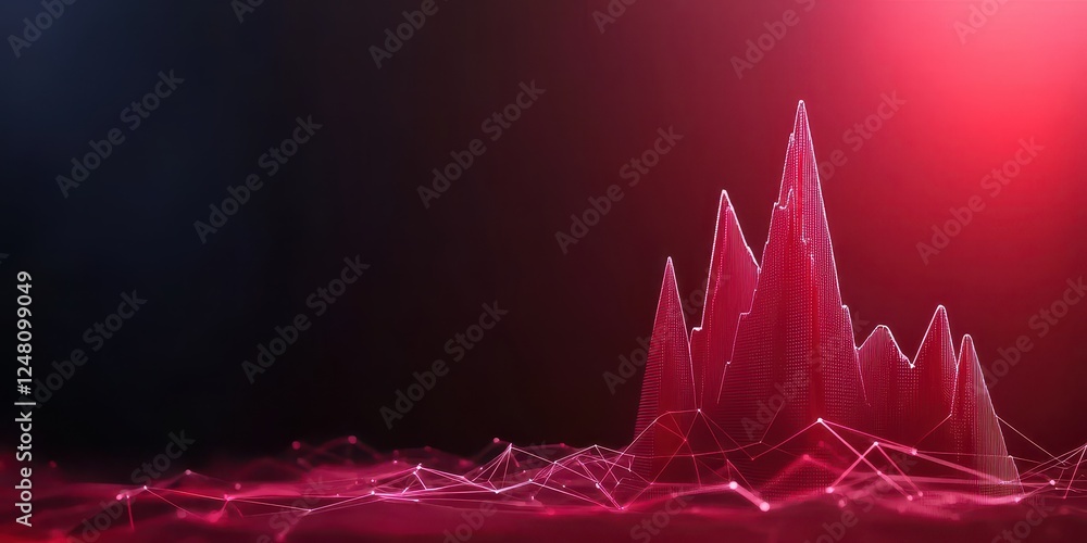 Poster abstract digital landscape with peaks and waves in vibrant red and dark tones.